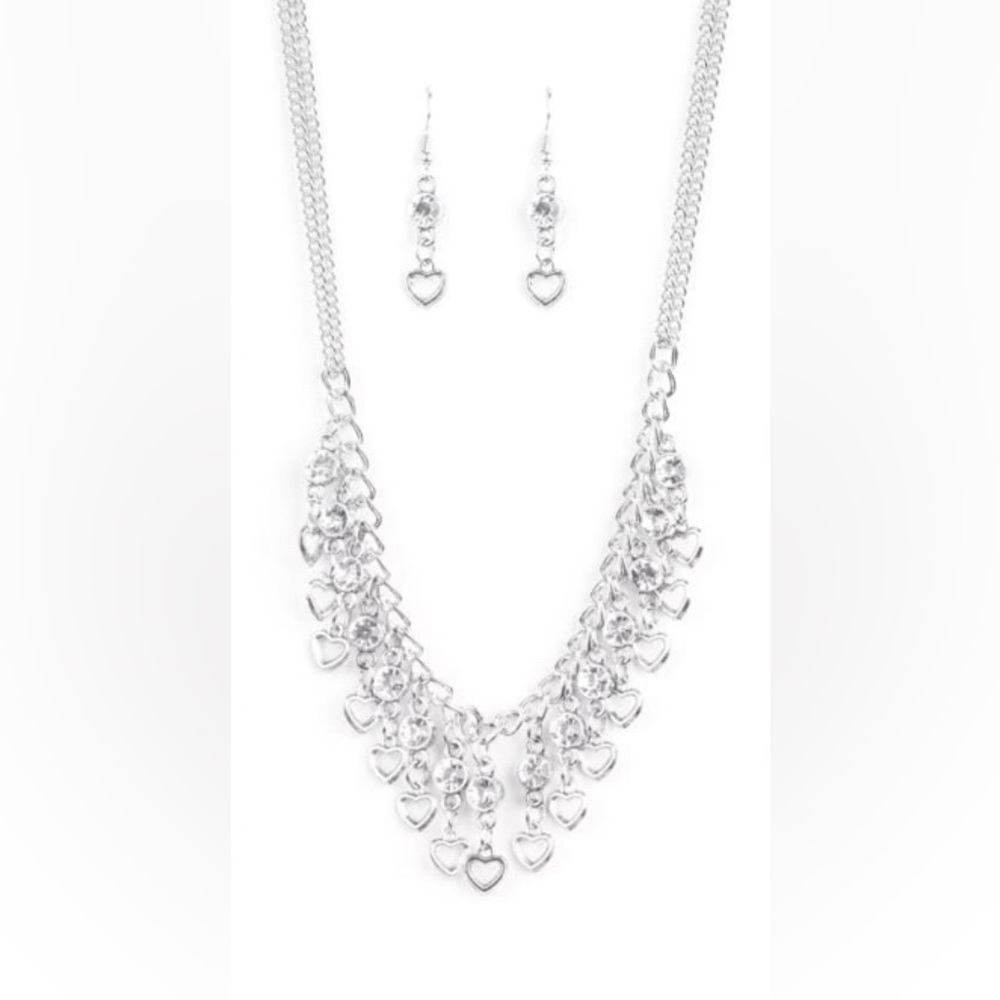 Silver hearts and white rhinestones necklace*